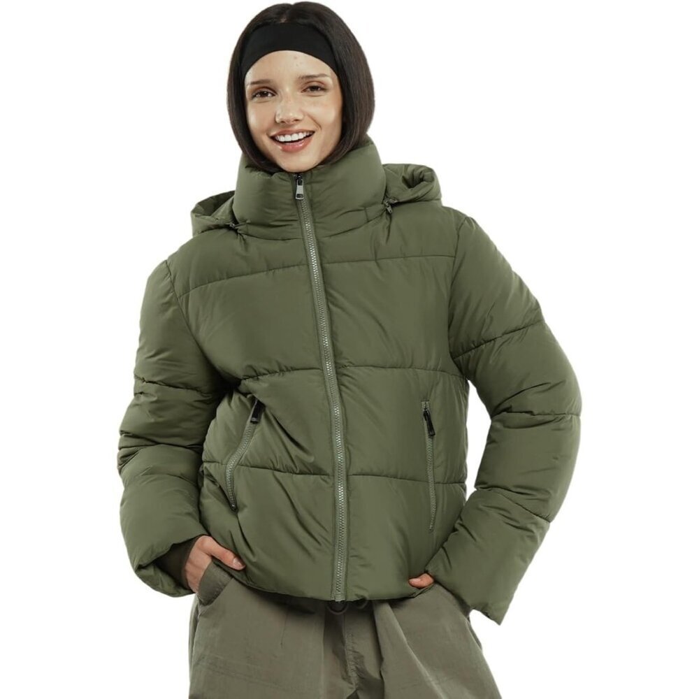 Women's Forest Green Charcoal Puffer Jackets Warm Winter Jacket With Removable H
